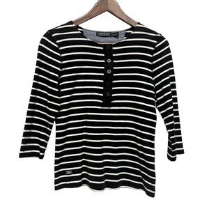 Lauren Ralph Lauren Top Black & White Stripes 3/4 Sleeve Women’s Size Medium